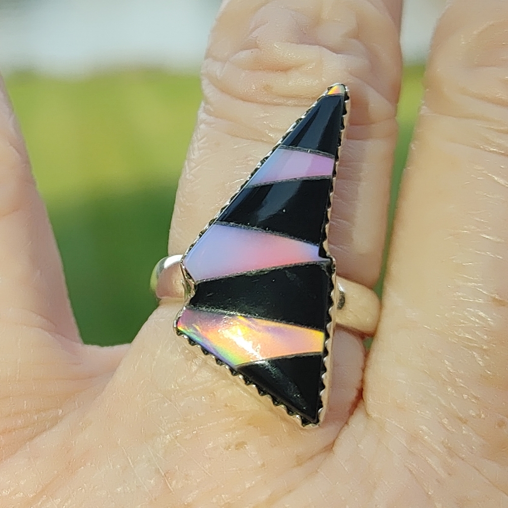 Black Onyx & Aurora Opal Gemstone Ring in 925 Sterling Silver (7)